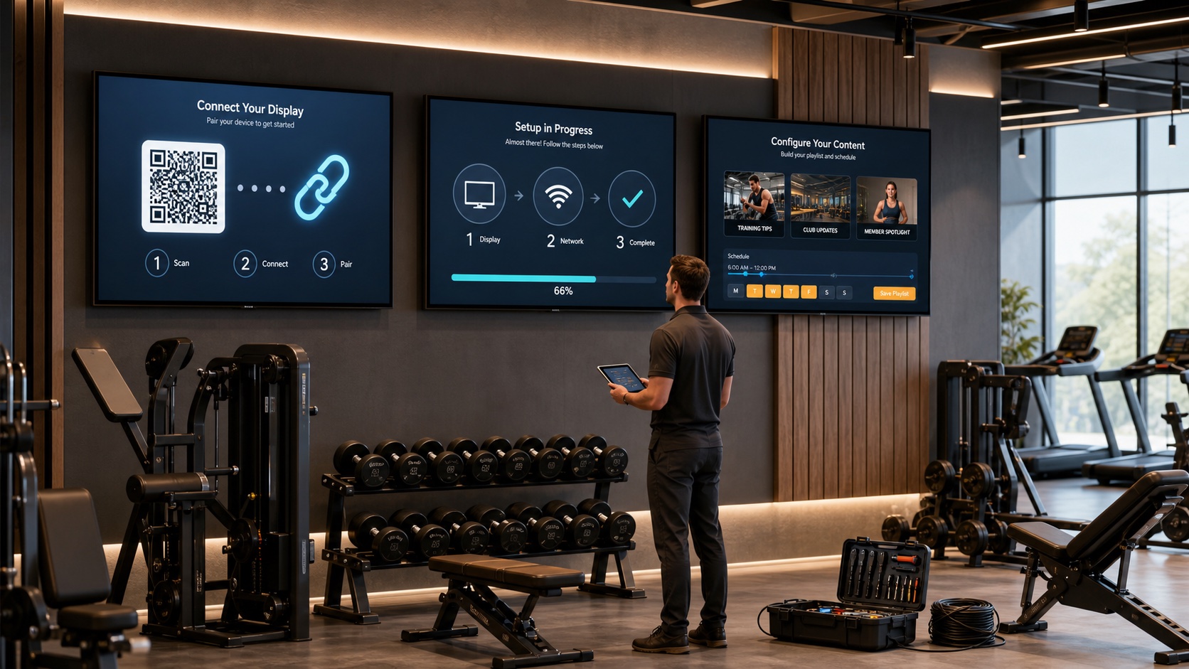 Technician setting up three digital-signage screens in a gym