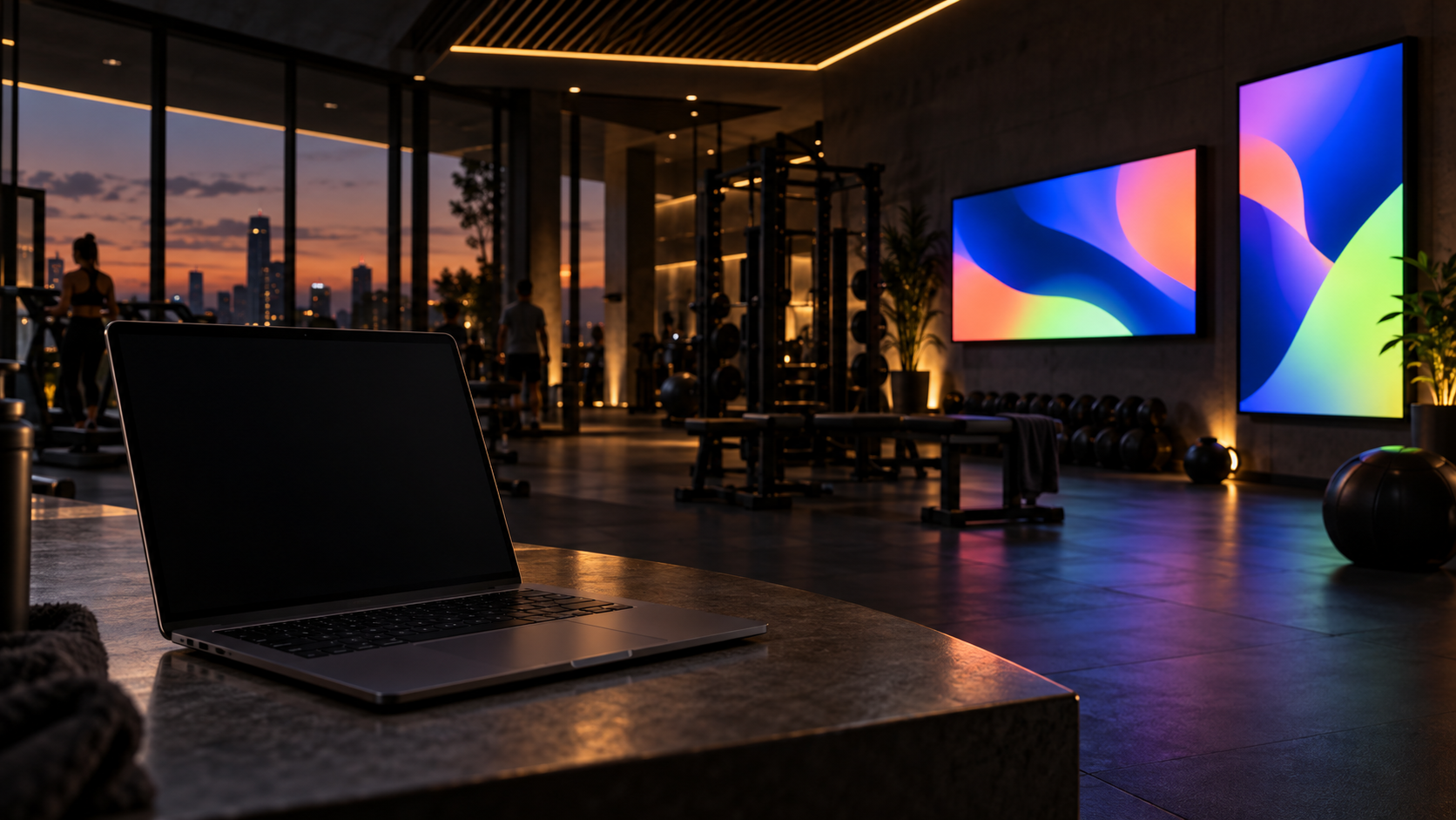 Laptop and two Televora displays in a gym studio