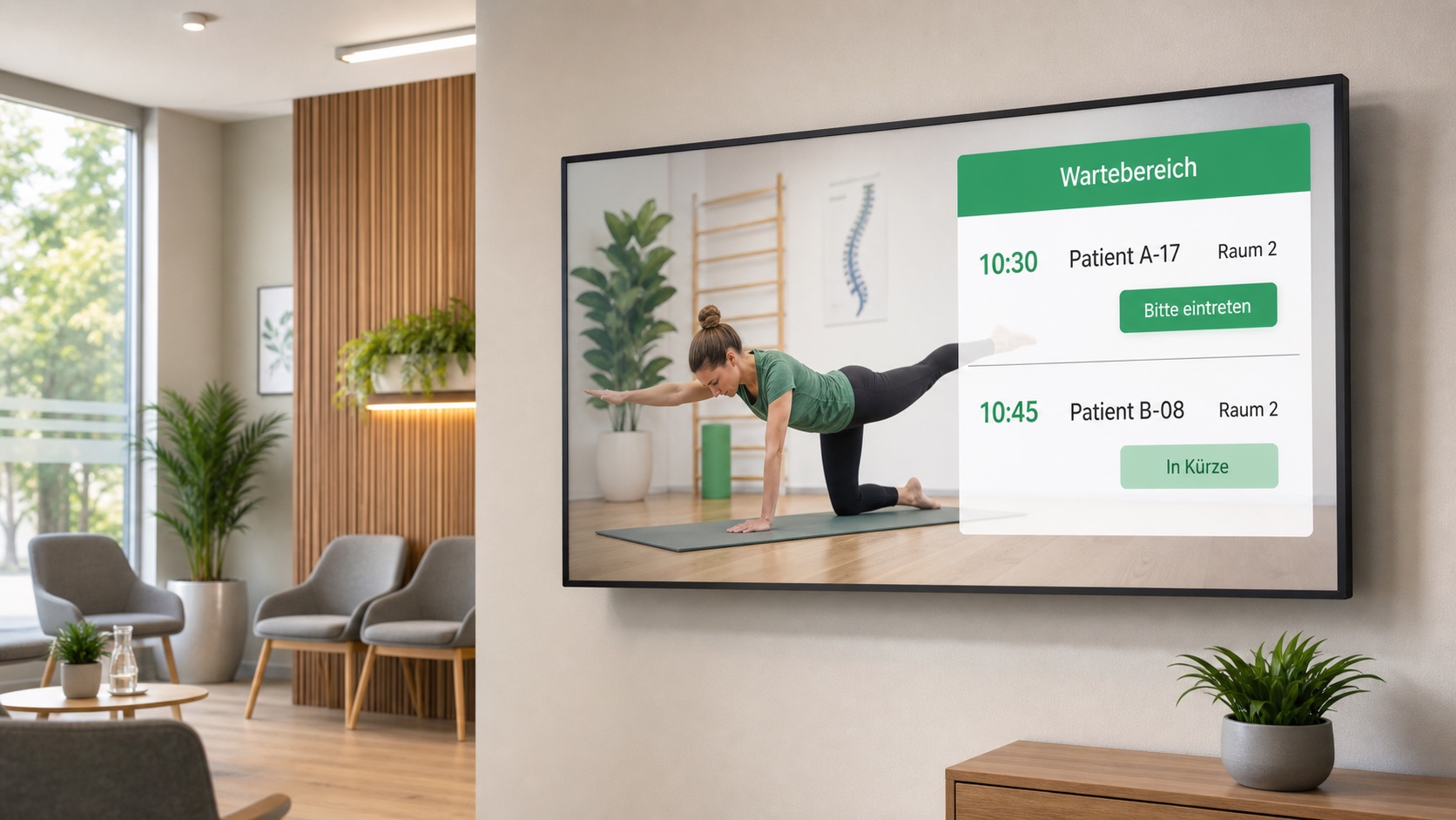 Physiotherapy screen with exercise content and a pseudonymised patient waiting list from Theorg
