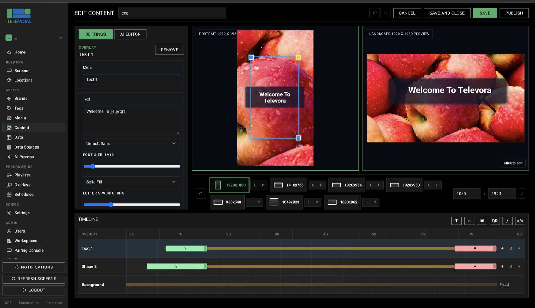 WYSIWYG editor for signage — Televora Dashboard view