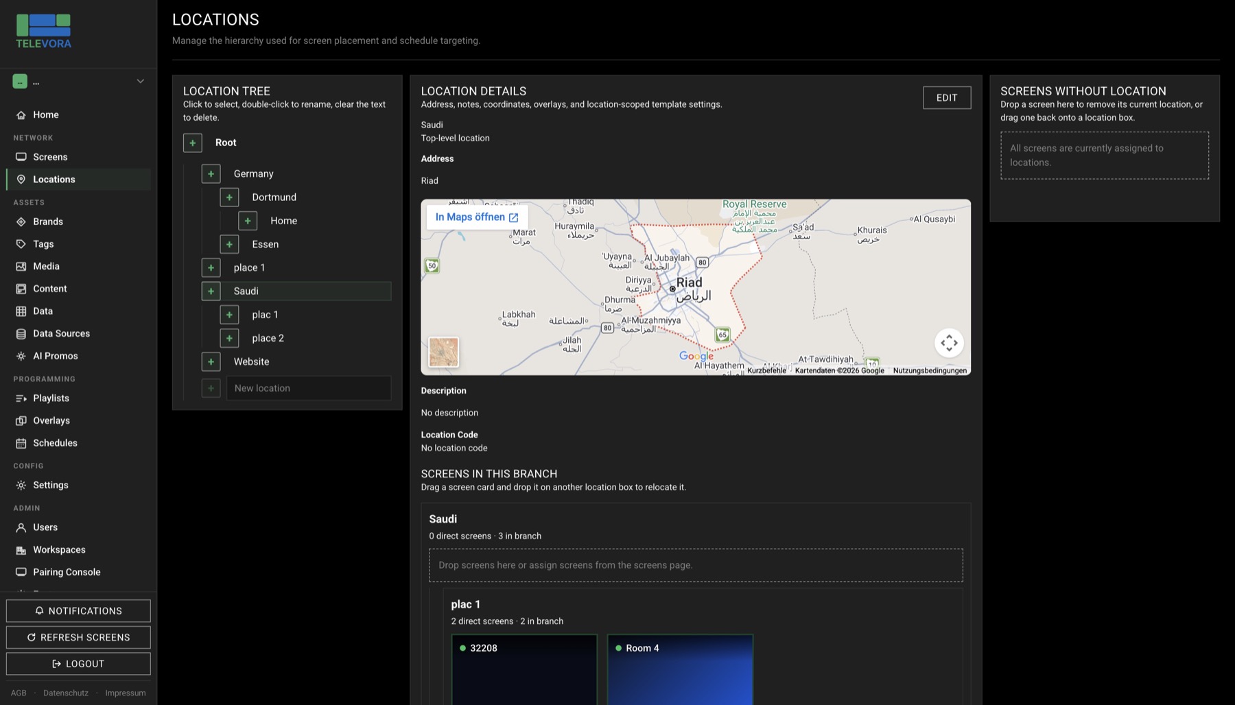 Location hierarchy & inheritance — Televora Dashboard view
