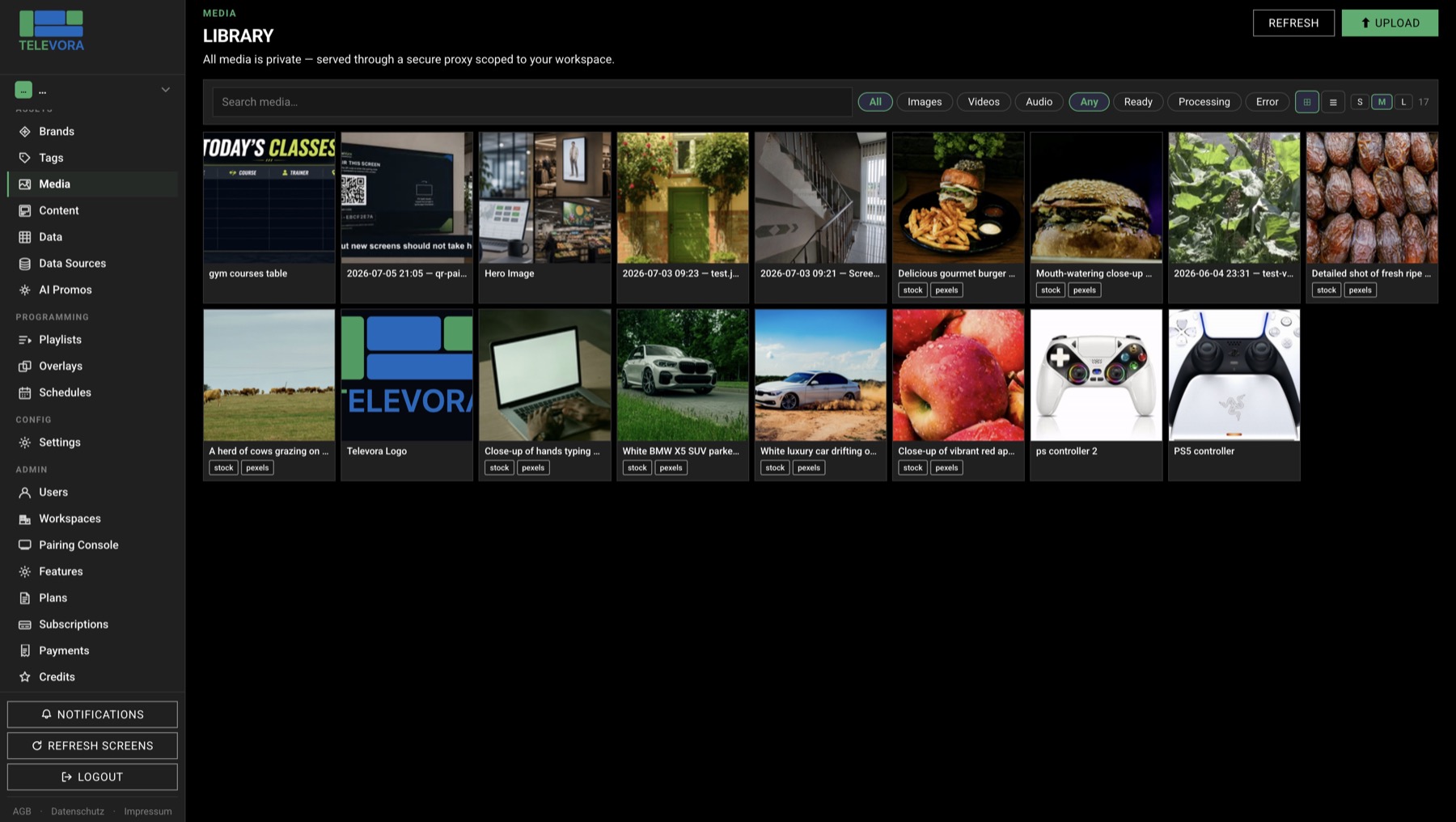 Media library — Televora Dashboard view