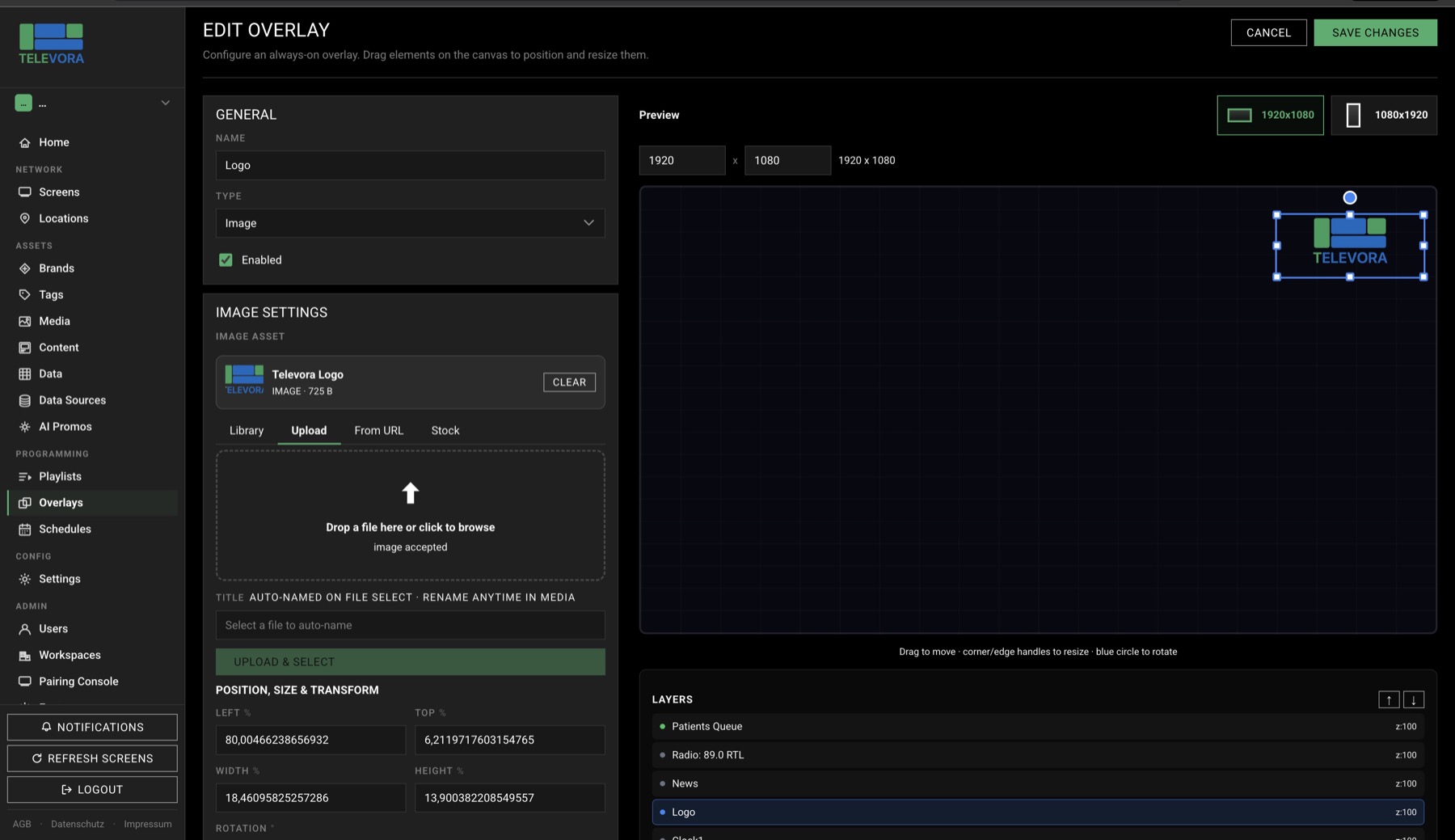 Overlay canvas with fine control — Televora Dashboard view